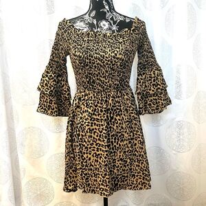 Idem Ditto Leopard Print Off-Shoulder Smocked Easter Church Dress Women’s L